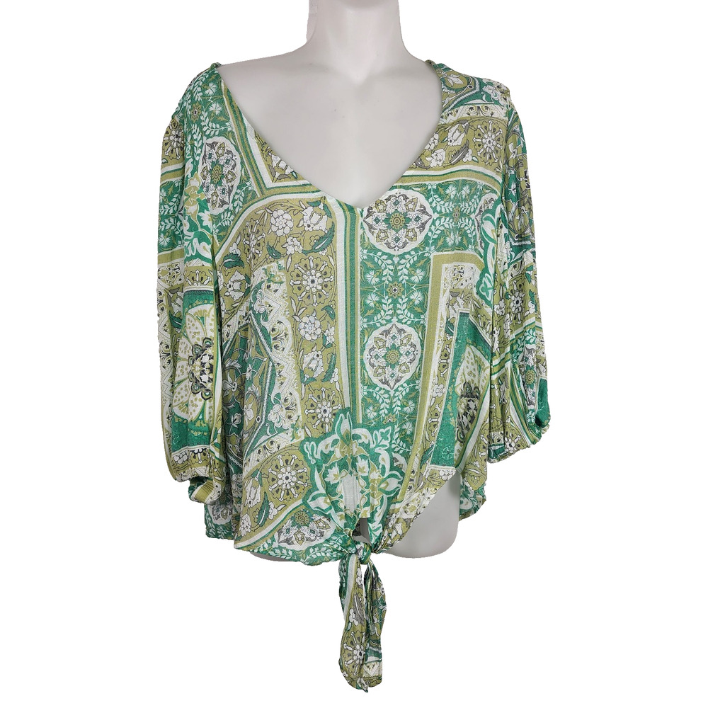 Olivia & Martin Women’s Blouse Medium Green Floral Mandala Tie Front 3/4 Sleeve
